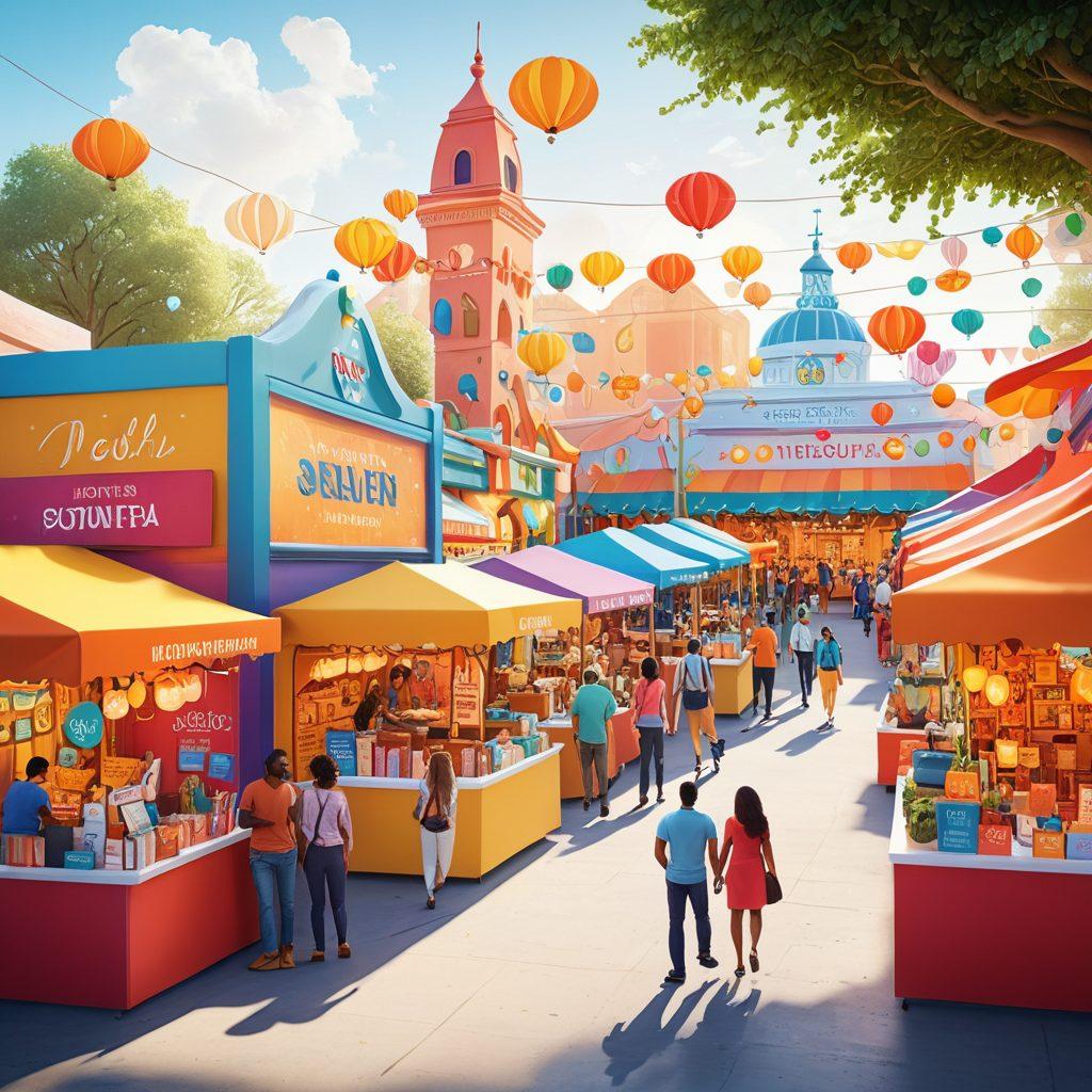 A diverse group of people exploring a vibrant marketplace filled with colorful booths representing different insurance policies. Each booth displays unique icons and symbols, showcasing coverage options like health, travel, and home insurance. The atmosphere is welcoming with clear signage directing towards 'Find Your Perfect Policy'. Bright sunlight streams in, illuminating the scene with a sense of discovery and hope. whimsical illustration. vibrant colors. 3D.