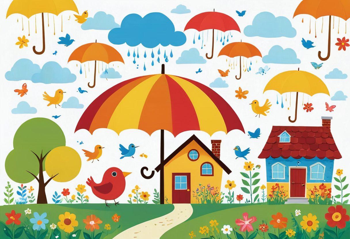 A whimsical scene depicting a cozy home surrounded by various unique insurance symbols, like a giant umbrella protecting it from storms and whimsical icons representing health, auto, and life insurance. Bright colors create a warm, inviting atmosphere, while a diverse family happily enjoys their secure life. Elements of nature and community emphasize safety and support. cartoon style. vibrant colors. white background.