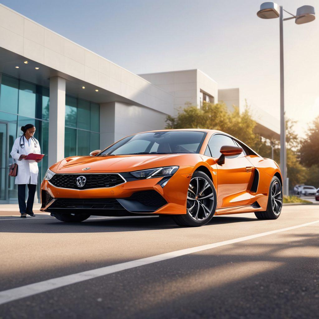 A split image featuring a sleek car on one side transitioning into a vibrant scene of a healthcare professional assisting a patient on the other side. Incorporate symbols of insurance like policy documents, a calculator, and health icons such as a stethoscope and a heart. The background should merge automotive elements with healthcare motifs, creating a seamless blend. Use bright, engaging colors to convey positivity and trust. super-realistic. vibrant colors. white background.